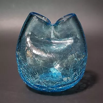 Buy Vintage Hand Blown Crackle Blue Art Glass Pinched Top Vase 3.5  • 17.35£