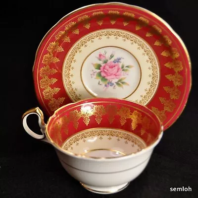 Buy Aynsley Doris Handle Cup & Saucer Pink Rose Floral Gold Medallions Red 1934-1939 • 91.09£