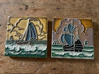 Buy Pair Of  Arts And Crafts Tiles Of Boats At Sea Possibly Delft • 125£