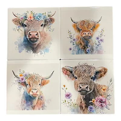 Buy Handmade Ceramic Coasters Set Of 4~Highland Cows~Flowers~Horns~Holder~DIY • 18.89£