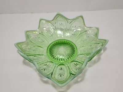 Buy Northwood Glass Bowl Spokes And Wheels Green Opalescent Edged Tri Fold  1920's • 26.54£