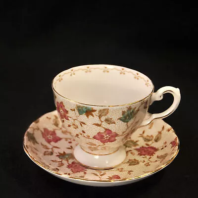 Buy Plant Tuscan Footed Cup & Saucer Multi-Color Floral W/Seafoam & Gold 1947-1960 • 21.08£