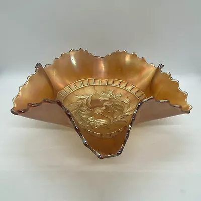 Buy Vintage Dugan Windflower Ruffled Marigold Carnival Glass Scalloped Bowl • 16.50£