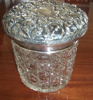 Buy COLLECTORS ANTIQUE CUT GLASS DRESSING TRINKET JAR WIth EMBOSSED SILVER PLATE LID • 15£