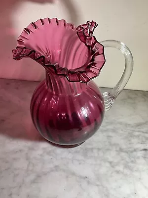 Buy Vintage Cranberry Glass Ruffled Crimped Art Glass Jug Pitcher Clear Glass Handle • 45£