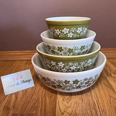 Buy Vintage Pyrex CRAZY DAISY Spring Blossom Green Mixing Bowl Set Of 4 Complete • 123.33£