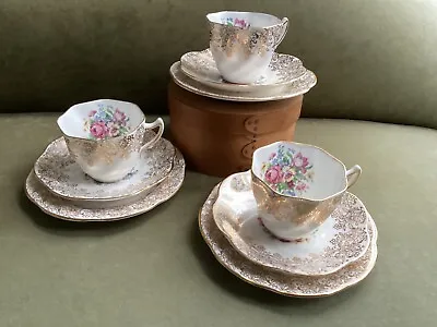 Buy Clare Bone China Cup, Saucer & Side Plate TRIO 3 AVAILABLE GOLD CHINTZ FLOWErS • 13£