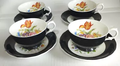 Buy Vintage Clarence Bone China  4 X Teacup's And Saucer's Black And White Floral  • 15£