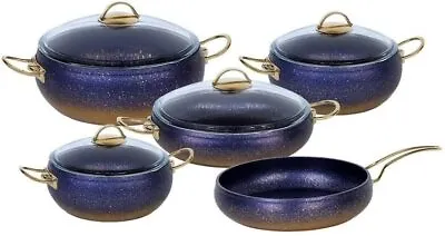 Buy OMS Blue Belly Shape Granite Cookware Set Glass Lid Casserole Pan Pot Kitchen • 140.99£
