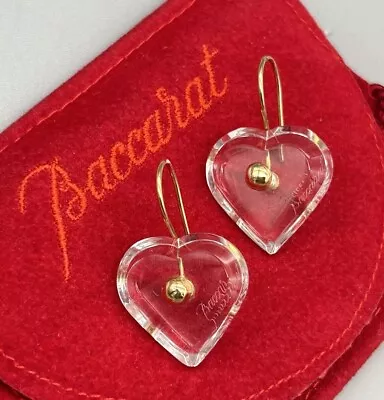 Buy Estate Baccarat Clear Crystal Hearts 750 18k Solid Gold A La Folie Drop Earrings • 78.74£