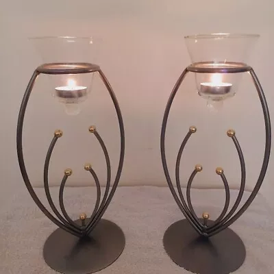Buy Candle Holders 2x Steel & Glass Decorative Modern Brushed Metal Table Display • 15.99£