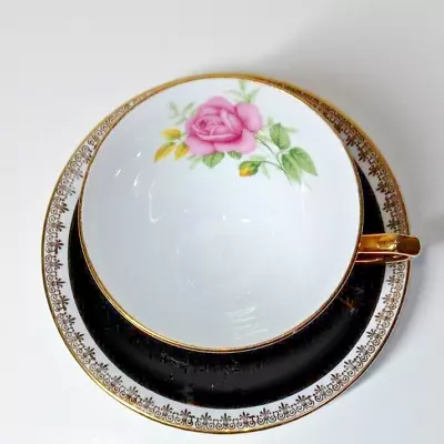 Buy Set Of 5 Mint Vintage Windsor Bone China Black, Gold & Rose Teacups & Saucers • 131£