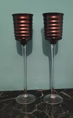 Buy Pair Tall Bronze Coloured  Glass Pillar Candle Tea Light Holder Candlesticks  • 10.90£