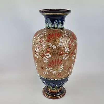 Buy Large Antique Royal Doulton Lambeth Stoneware Vase Red & White Flowers 35cm High • 95£