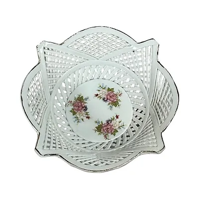 Buy VTG Romanian Fine Porcelain Hand Painted 5  Lace Basket Bowl Floral Reticulated • 13.28£