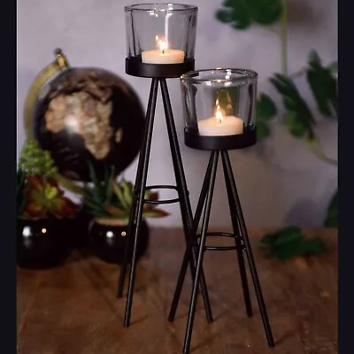 Buy 2 Metal Tripod Tealight Candle Stick Stand Glass Holder Set 8x19cm & 8x24cm Tall • 9.99£