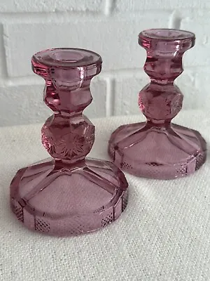 Buy Pair  Candle Holder Candlesticks Purple / Pink  Glass 4.75  Tall Nice • 16.14£