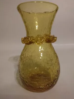 Buy Vintage Amber Hand Blown Crackle Glass Vase With Glass Ribbon Adornment • 14.41£
