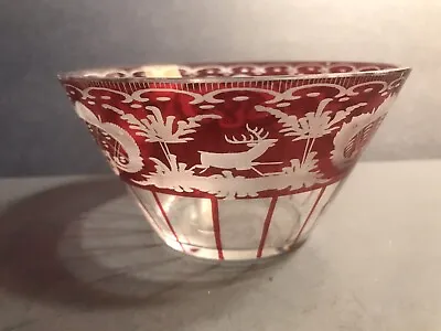 Buy Antique Bohemian Glass Bowl/Etched/C1920/Deer/Stag/Ruby Red Color/Czechoslovakia • 61.87£