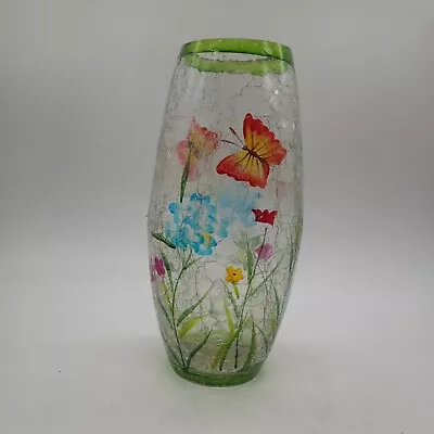Buy Clear Crackle Glass Vase Flowers And Butterflies  Cylindrical Green Trim Top  • 7.71£