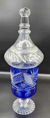 Buy Antique Vtg Cobalt Blue Cut To Clear 15  Bohemian Czech Covered Crystal Jar • 146.71£