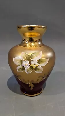 Buy Signed Murano Glass Vase Bellini Ruby Crystal Gold Gilt Overlay Handpainted • 34.95£