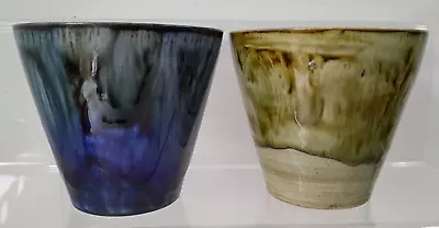 Buy Pair Of Vintage Portmadog Wales Pottery Plant Pots 170 Blue/Brown 3.75  Tall • 14.95£