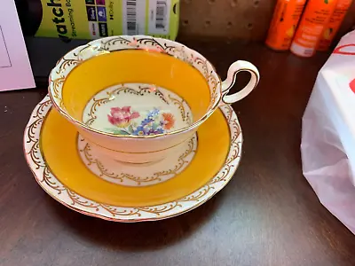 Buy Ansley Bone China England Cup & Saucer Yellow Mustard Floral Gold Scrolls • 46.55£
