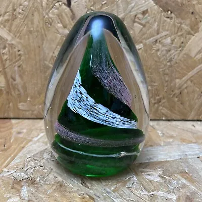 Buy Vintage Green Egg Shaped Crystal Glass Paperweight Pink White Swirl Mountain • 7.99£