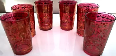 Buy Moroccan Style Tea Glasses Cranberry & Gold Six In Total • 19£