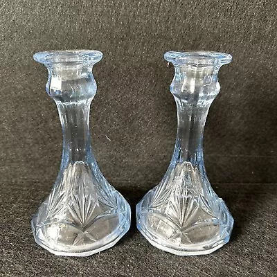 Buy Vintage Blue Glass Candlesticks Holders 15.5cm Tall Pair T4006 • 10£
