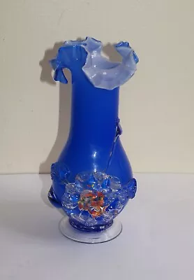 Buy Vintage Art Glass Cobalt Blue Flower Vase With Ruffle Top 22cm • 25£