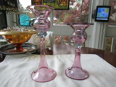 Buy Vintage Pair Of 2 Iridescent  Cranberry Pink Glass Krosno Poland Candle Holders • 23.72£