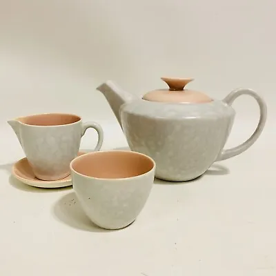 Buy Vintage Retro Poole Pottery Twintone Teapot, Sugar, Milk Seagull Grey & Peach • 24.95£