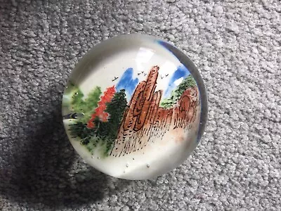 Buy RARE VINTAGE CHINESE WHITE GLASS PAPERWEIGHT. RED PAGODA +Trees, Birds + Cliffs • 59.90£