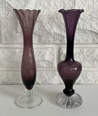 Buy Vintage Pair Clear Purple Swirl Glass Flower Bud Vase • 16.26£