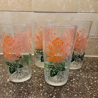 Buy 4 Vintage 50s Drinking Glasses Pink ROSES Flowers 2 Are 4.75  2 Are 5  • 10.38£