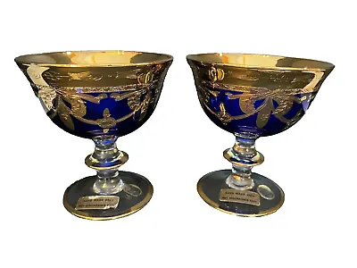 Buy SC LINE Italy Vintage Wine Goblets Cobalt Blue Glass W/ Gold Overlay- Set Of 2 • 81.64£