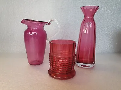 Buy 3 Cranberry Glass Cup, Vase & Jug - One Is Signed, One Is Dartington Crystal • 12.99£