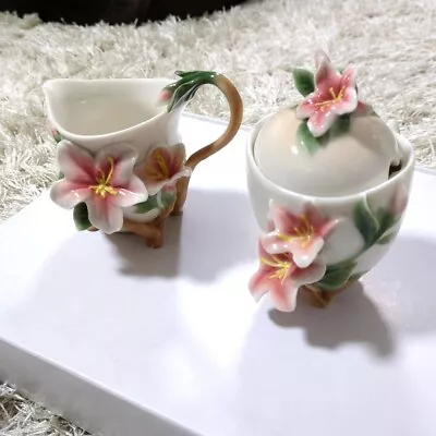 Buy FRANZ Porcelain Collection Hibiscus Creamer Sugar Pot Set With Spoon • 153.47£