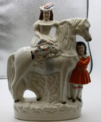 Buy Large 13.5ins Victorian Staffordshire Flatback Pottery Figure Couple With Horse  • 14.99£