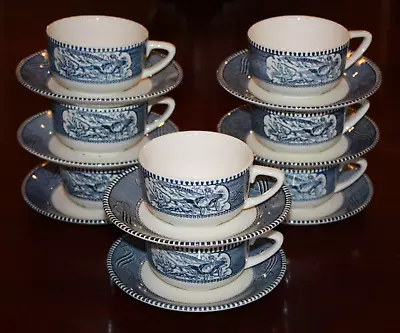 Buy Currier And Ives Vintage Dinnerware Blue And White Cups & Saucers Set Of 8 • 22.87£