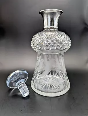 Buy Antique 1927 Thistle Shaped Cut Glass Crystal Decanter Sterling Silver Collar • 149.50£