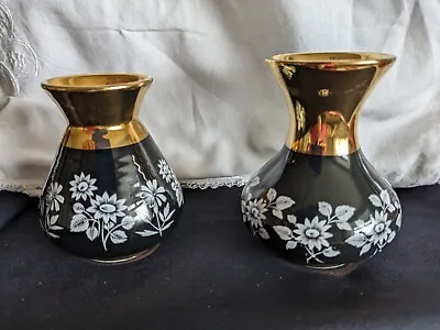 Buy Prinknash Pottery 2 Small Black & Gold Vases Floral Design • 4.50£