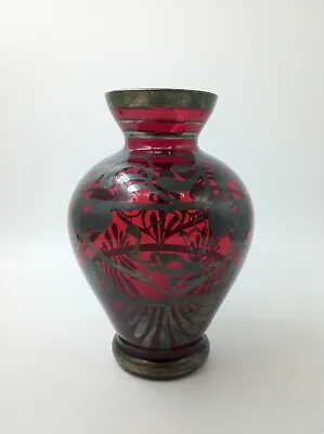 Buy Venetian Ruby Red Glass Vase With Silver Overlay, Art Nouveau Floral And Scrolls • 16£