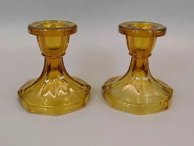 Buy PAIR OF VINTAGE 3 1/2  9cm AMBER GLASS CANDLESTICKS. • 14.99£