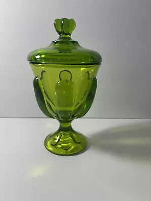 Buy Vintage MCM Viking Glass Green Epic Six Petal Footed Covered Candy Dish With Lid • 33.03£