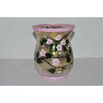 Buy Hand Painted Crackle Glass Vase Hurricane Lamp, Painted Floral Vase Gold Detail • 56.69£