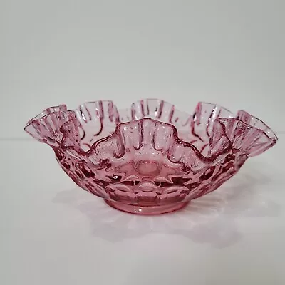 Buy Vintage Fenton Art Glass Pink Rose Cranberry Ruffle Thumbprint Bowl BEAUTIFUL! • 18£