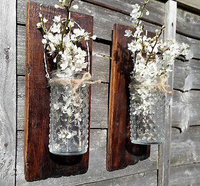 Buy Pair Of Recycled Rustic Wood Wall Mounted Flower Glass Jar Sconce Candle Holder • 29.79£
